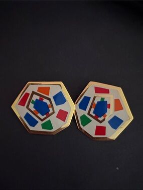 Vintage 1980s Geometric Multicolor Enamel Gold Tone Earrings